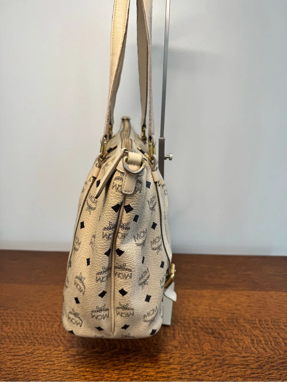 MCM Beige Visetos Monogram Pleated Coated Canvas Tote Bag with COA